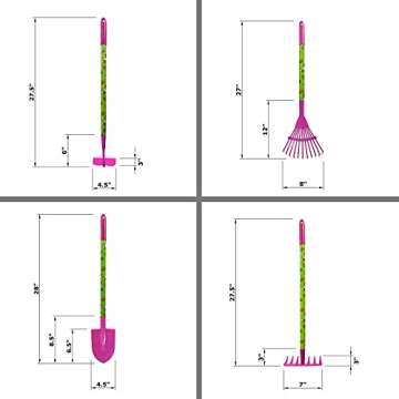 MTB Supply Kids Garden Tool Set with Child Safe Shovel, Rake, Hoe and Leaf Rake– 4 Pieces Kids Gardening Tool Kit with Pink Head and Long Wood Handles…