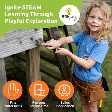 SparkJump Deluxe Kids Tool Set, Real Tools with Leather Tool Belt & Tool Box, Beginner Tool Kit for Boys & Girls Ages 6+, Brown Tool Belt