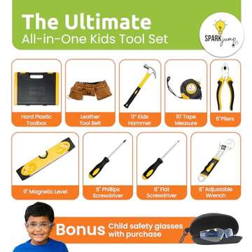 SparkJump Deluxe Kids Tool Set, Real Tools with Leather Tool Belt & Tool Box, Beginner Tool Kit for Boys & Girls Ages 6+, Brown Tool Belt