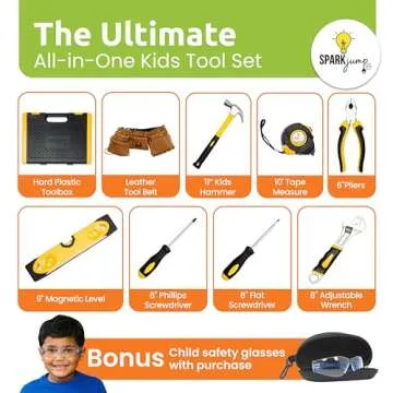 SparkJump Deluxe Kids Tool Set, Real Tools with Leather Tool Belt & Tool Box, Beginner Tool Kit for Boys & Girls Ages 6+, Brown Tool Belt