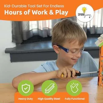 SparkJump Deluxe Kids Tool Set, Real Tools with Leather Tool Belt & Tool Box, Beginner Tool Kit for Boys & Girls Ages 6+, Brown Tool Belt
