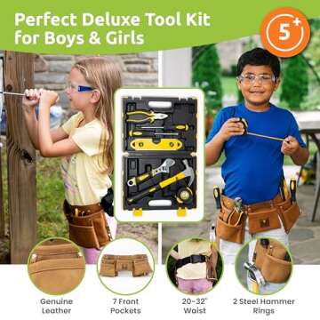 SparkJump Deluxe Kids Tool Set, Real Tools with Leather Tool Belt & Tool Box, Beginner Tool Kit for Boys & Girls Ages 6+, Brown Tool Belt