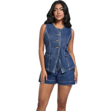 YZFSM Women's Denim 2 Piece Set Casual Business Sleeveless Jean Blazer Vest Tops and High Waist Shor...