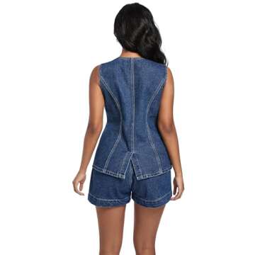 YZFSM Women's Denim 2 Piece Set Casual Business Sleeveless Jean Blazer Vest Tops and High Waist Shorts Outfit Tracksuits (US, Alpha, Large, Regular, Regular, Dark blue)