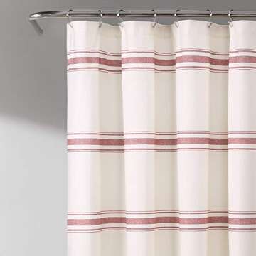 Lush Decor Farmhouse Stripe Cotton Shower Curtain, 72" W x 72" L, Red - Classic Modern Rustic Charm ...
