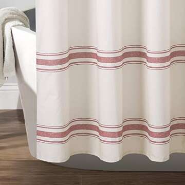 Lush Decor Farmhouse Stripe Cotton Shower Curtain, 72" W x 72" L, Red - Classic Modern Rustic Charm Bathroom Decor