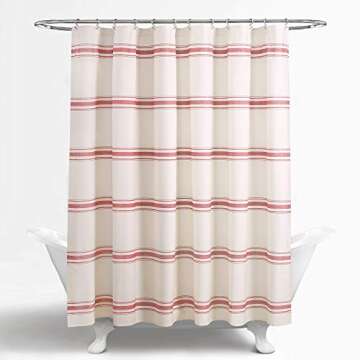 Lush Decor Farmhouse Stripe Cotton Shower Curtain, 72" W x 72" L, Red - Classic Modern Rustic Charm Bathroom Decor