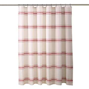 Lush Decor Farmhouse Stripe Cotton Shower Curtain, 72" W x 72" L, Red - Classic Modern Rustic Charm Bathroom Decor