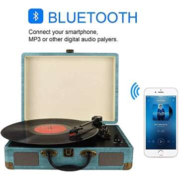 Record Player Vintage 3-Speed Bluetooth Vinyl Turntable with Stereo Speaker, Belt Driven Suitcase Vi...