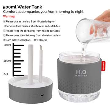 Portable Mini Humidifier, 500ml Small Cool Mist Humidifier, USB Personal Desktop Humidifier for Baby Bedroom Travel Office Home, Auto Shut-Off, 2 Mist Modes, Super Quiet, Gray
