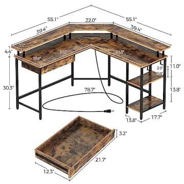 Rolanstar L Shaped Gaming Desk with Drawer, 55.1" Reversible Computer Desk with Power Outlets & LED Lights, Home Office Desk with Monitor Stand & Storage Shelf, Desk with Hooks Rustic Brown