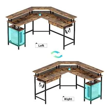 Rolanstar L Shaped Gaming Desk with Drawer, 55.1" Reversible Computer Desk with Power Outlets & LED Lights, Home Office Desk with Monitor Stand & Storage Shelf, Desk with Hooks Rustic Brown