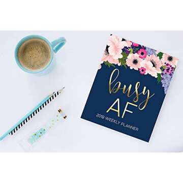 Busy AF: 2019 Weekly Planner: 19x23cm (7.5x9.25”) Portable Format Weekly & Monthly 12 Month Planner: Pink & Purple Watercolor Flowers