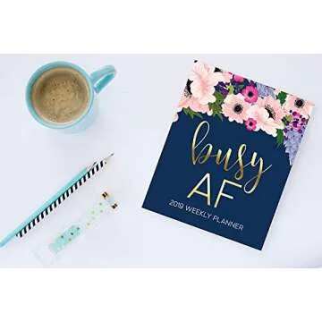 Busy AF: 2019 Weekly Planner: 19x23cm (7.5x9.25”) Portable Format Weekly & Monthly 12 Month Planner: Pink & Purple Watercolor Flowers