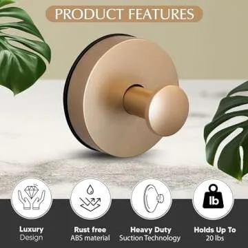 Suction Cup Hooks for Shower, Bathroom, Glass Door, Mirror, Tile - Loofah, Towel, Coat, Robe for Hanging up to 15 lbs – Brushed Gold, Matte Chrome Nickel, Black - 2 pack (Brushed Gold)
