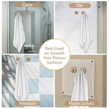 Suction Cup Hooks for Shower, Bathroom, Glass Door, Mirror, Tile - Loofah, Towel, Coat, Robe for Hanging up to 15 lbs – Brushed Gold, Matte Chrome Nickel, Black - 2 pack (Brushed Gold)