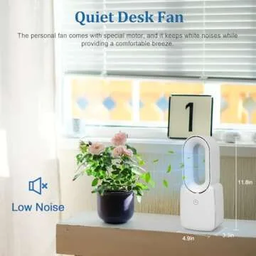 CONBOLA Rechargeable Desk Fan, Bladeless Battery Operated Fan Small USB Quiet Table Fan, 11.8 Inch Personal Fan with Touch Control 5-Colors Decorative LED Light for Office Bedroom, White