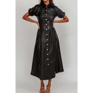 EZAPINE Women's Faux Leather Lapel Midi Dress for All Occasions