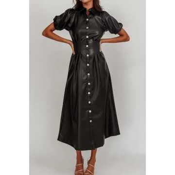 EZAPINE Women's Faux Leather Lapel Midi Dress for All Occasions