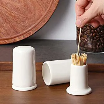 ONTUBE Ceramic Toothpick Holder with Lid,Toothpick Dispenser for Home, Easy To Clean Set of 2, White