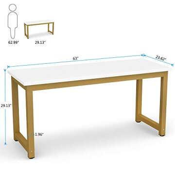Tribesigns Computer Desk, 63 inch Large Office Desk, Study Writing Table for Home Office, Easy Assemble, White Gold