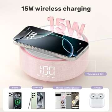 Bluetooth Speaker with Wireless Charger & Fill Light Makeup Mirror, Adjustable LED Night Light, Automatic Clock, Suitable for Decoration, Bedroom, Home, Office, Gift