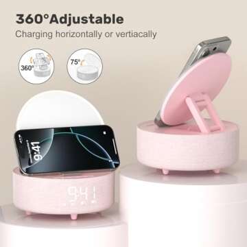 Bluetooth Speaker with Wireless Charger & Fill Light Makeup Mirror, Adjustable LED Night Light, Automatic Clock, Suitable for Decoration, Bedroom, Home, Office, Gift