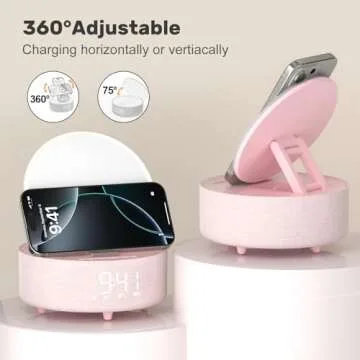 Bluetooth Speaker with Wireless Charger & Fill Light Makeup Mirror, Adjustable LED Night Light, Automatic Clock, Suitable for Decoration, Bedroom, Home, Office, Gift