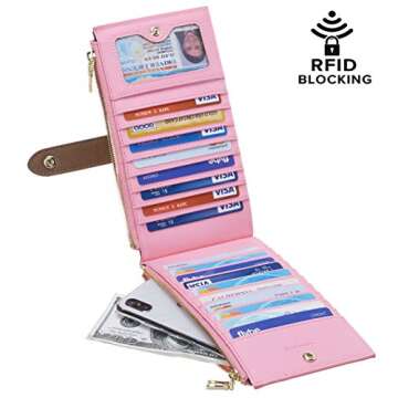 Chelmon Womens Genuine Leather Wallet RFID Blocking Credit Card Holder Zipper Purse(Arrow Pink)