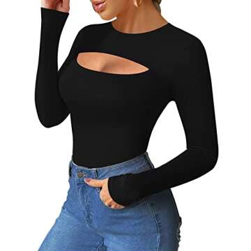 MANGOPOP Black Cutout Long Sleeve Bodysuit for Women