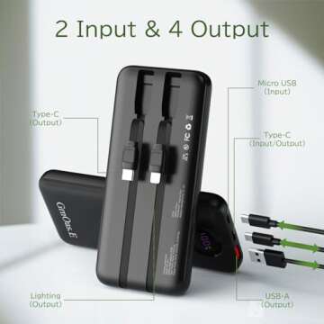 GrnOas.E Power Bank 10000mAh,22.5W Max Portable Charger with Built in Cables，4 Outputs 2 Inputs Ex...