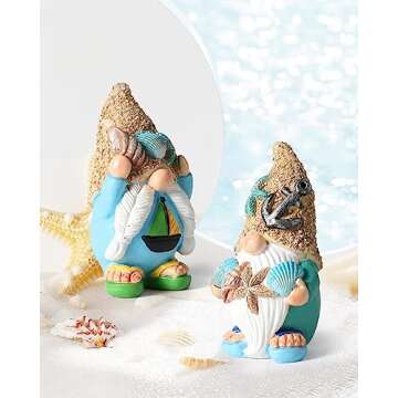 iStatue Sea Gnomes with Starfish, Seashells, Shell, Conch, Sail Boat and Anchor - Set of 2 Resin Swedish Beach Decor - Summer Statue Tiered Tray Decorations for Home (Beach Gnomes)