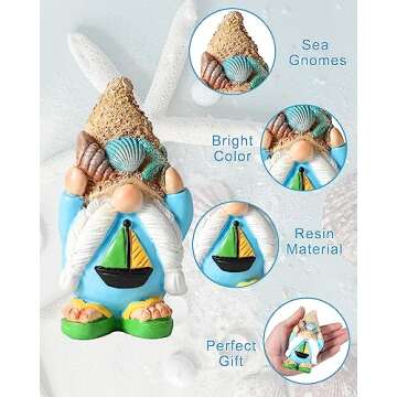 iStatue Sea Gnomes with Starfish, Seashells, Shell, Conch, Sail Boat and Anchor - Set of 2 Resin Swedish Beach Decor - Summer Statue Tiered Tray Decorations for Home (Beach Gnomes)