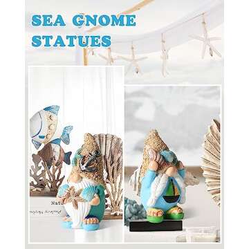 iStatue Sea Gnomes with Starfish, Seashells, Shell, Conch, Sail Boat and Anchor - Set of 2 Resin Swedish Beach Decor - Summer Statue Tiered Tray Decorations for Home (Beach Gnomes)