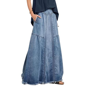 Retro High Waist Denim Maxi Skirt with Pockets