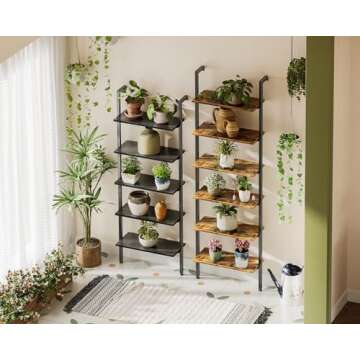 ODK 6-Tier Ladder Shelf, 87 Inches Wall Mounted Ladder Bookshelf with Metal Frame, Open Industrial Shelves for Home Office, Bedroom and Living Room, Rustic Brown