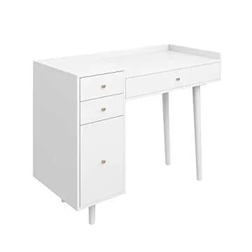 Nathan James Daisy Vanity Dressing Table or Makeup Desk with 4-Drawers and Brass Accent Knobs, White Wood