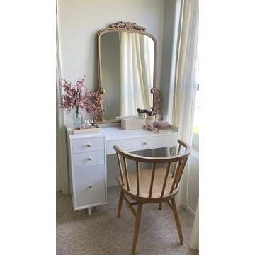 Nathan James Daisy Vanity Dressing Table or Makeup Desk with 4-Drawers and Brass Accent Knobs, White Wood