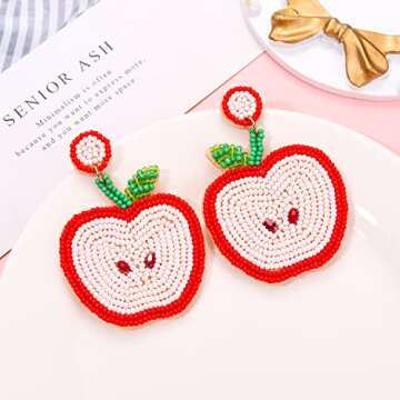 Boderier Teacher Earrings Beaded Apple Dangle Earrings Preppy Colorful Beaded School Earrings Teacher Appreciation Gifts