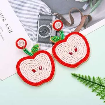 Boderier Teacher Earrings Beaded Apple Dangle Earrings Preppy Colorful Beaded School Earrings Teacher Appreciation Gifts