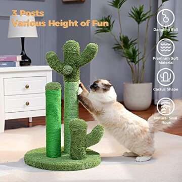 PAWZ Road Cat Scratching Post Cactus Cat Scratcher with 3 Scratching Poles and Dangling Ball Large 27 Inches