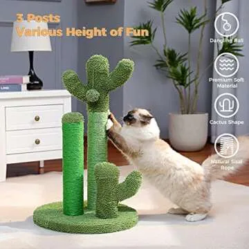 PAWZ Road Cat Scratching Post Cactus Cat Scratcher with 3 Scratching Poles and Dangling Ball Large 27 Inches