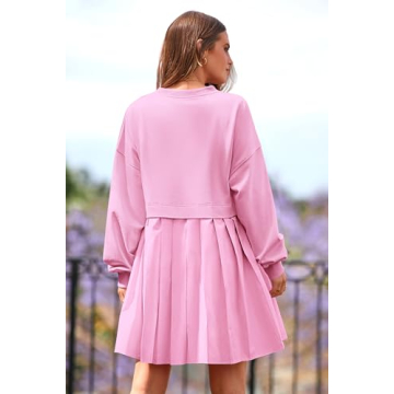 PRETTYGARDEN Women Pullover Sweatshirt Dress Long Sleeve Crew Neck Patchwork Ruffle Flowy Short Dresses (Pink,X-Small)