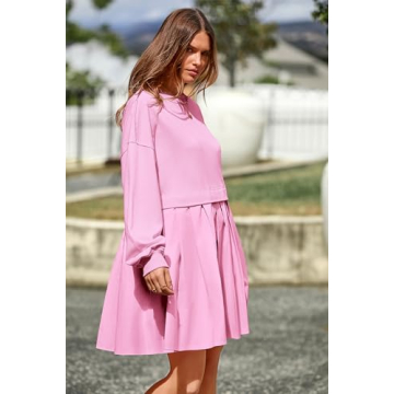 PRETTYGARDEN Women Pullover Sweatshirt Dress Long Sleeve Crew Neck Patchwork Ruffle Flowy Short Dresses (Pink,X-Small)