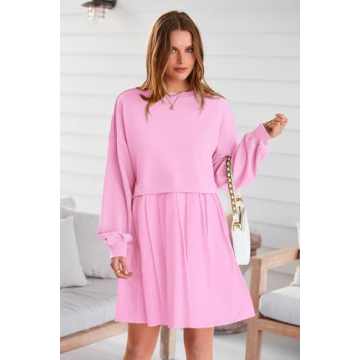 PRETTYGARDEN Women Pullover Sweatshirt Dress Long Sleeve Crew Neck Patchwork Ruffle Flowy Short Dresses (Pink,X-Small)