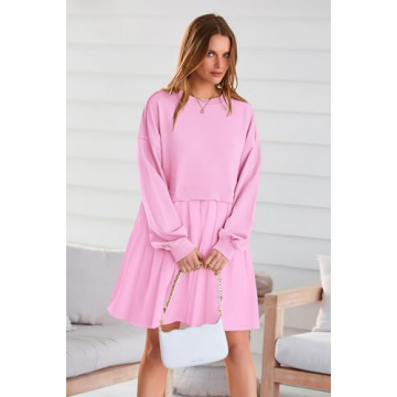 PRETTYGARDEN Women Pullover Sweatshirt Dress Long Sleeve Crew Neck Patchwork Ruffle Flowy Short Dresses (Pink,X-Small)