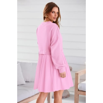 PRETTYGARDEN Women Pullover Sweatshirt Dress Long Sleeve Crew Neck Patchwork Ruffle Flowy Short Dresses (Pink,X-Small)