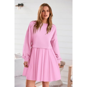 PRETTYGARDEN Women Pullover Sweatshirt Dress Long Sleeve Crew Neck Patchwork Ruffle Flowy Short Dresses (Pink,X-Small)