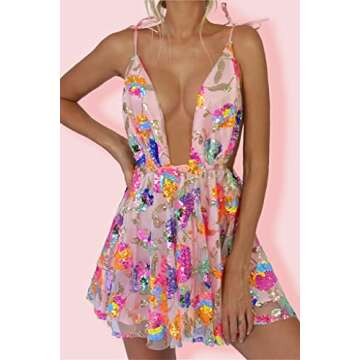 NUFIWI Women Sparkle Mini Dress Sleeveless Backless Bodycon Short Dresses Spaghetti Strap Rhinestone Party Club Cami Dress(Colorful Sequin Pink,S)