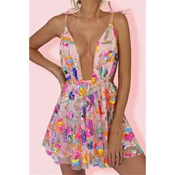 NUFIWI Women Sparkle Mini Dress Sleeveless Backless Bodycon Short Dresses Spaghetti Strap Rhinestone Party Club Cami Dress(Colorful Sequin Pink,S)